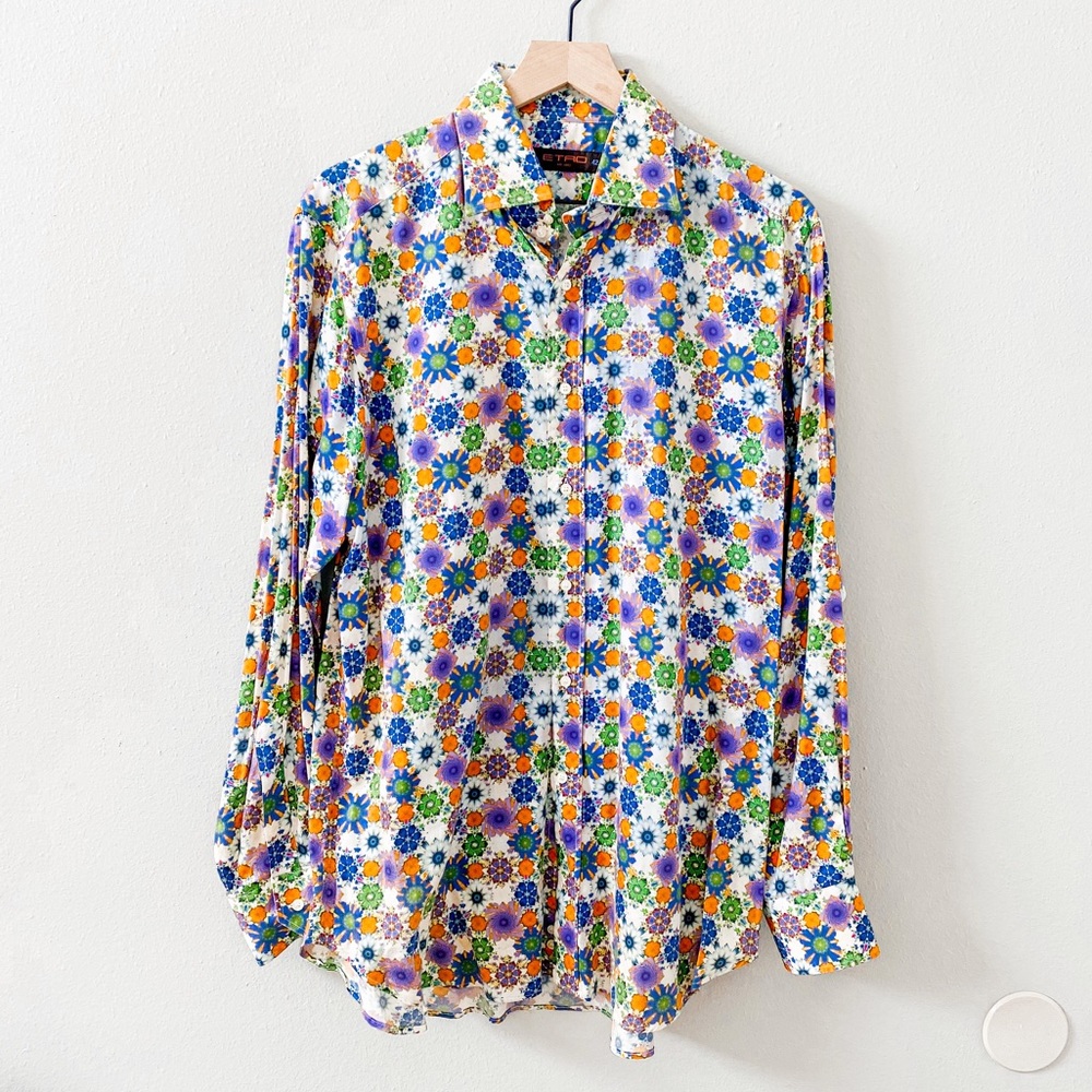 Etro Men’s button down Blue Green Orange splatter pattern size 42